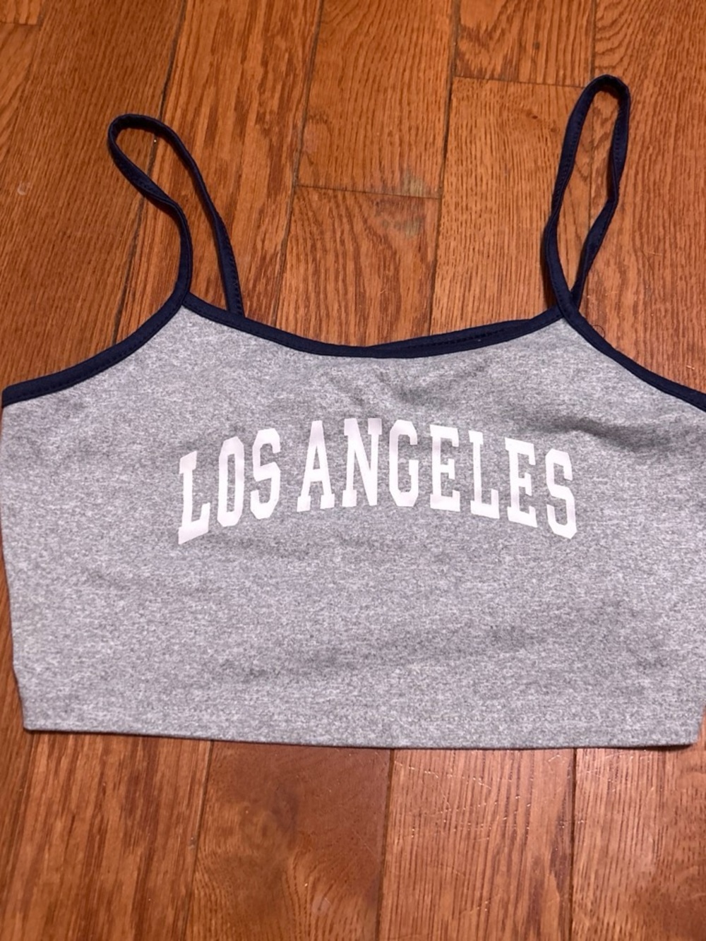 SHEIN Grey Cropped Tank with Navy Trim and White 'Los Angeles' Print